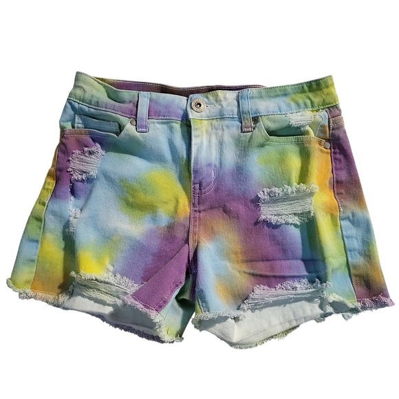 Y2K Hydraulic Tie Dye Denim Shorts Distressed Ripped Frayed Hem Colorful Size 4 - Picture 1 of 9